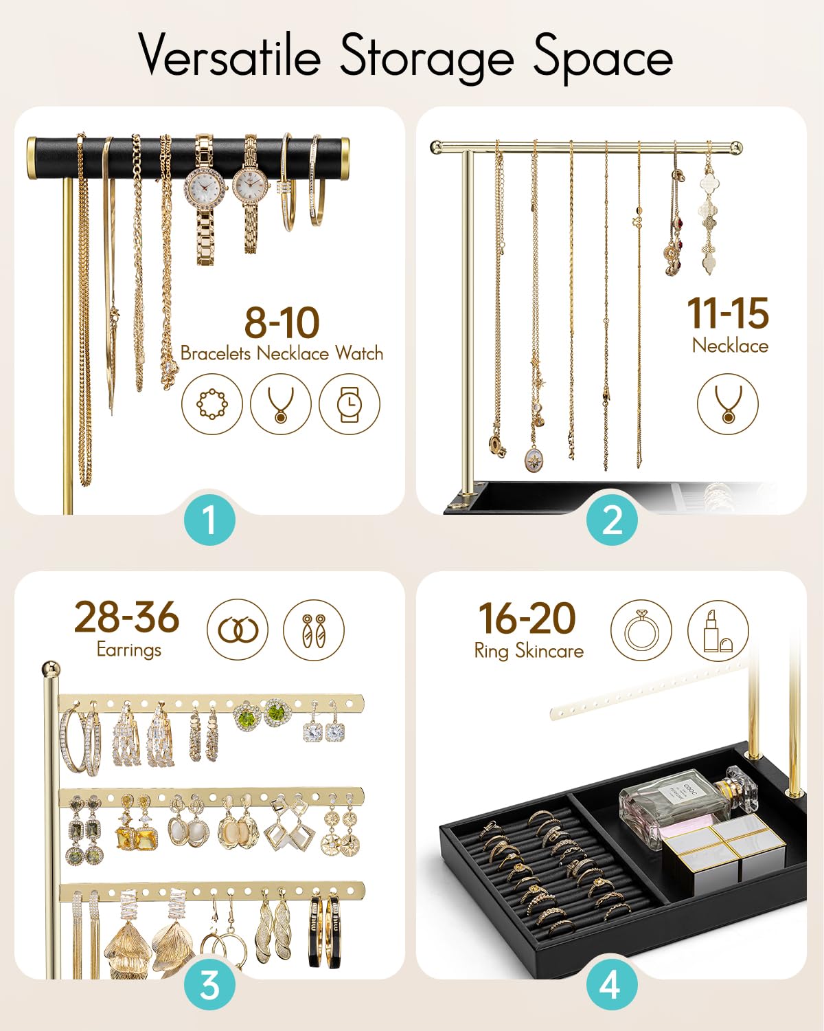 VLANDO Jewelry Stand Organizer with Ring Holder Tray, Necklace and Earring Storage for Bracelets, Watches and Rings, PU Leather Covered Wooden Tray with Gold Metal Frame - Black