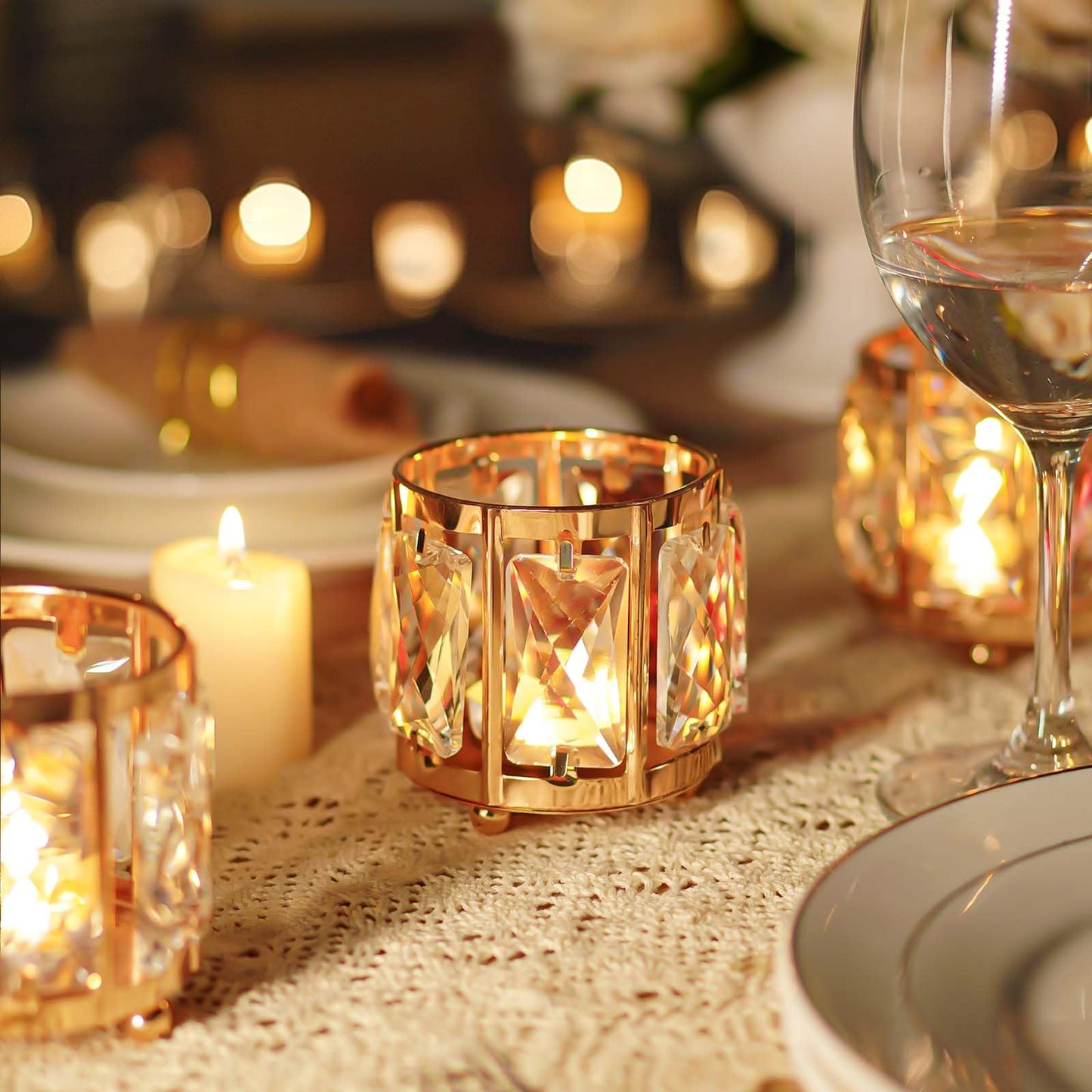 Kolnlala 6pcs Tabletop Tealight Crystal Candle holders3.5''x3.5'' Class Votive Holder Home Decoration,Table centerpieces/Wedding Decor,Gorgeous Gift,Tabletop/Centerpiece Votive Holder (French Gold)