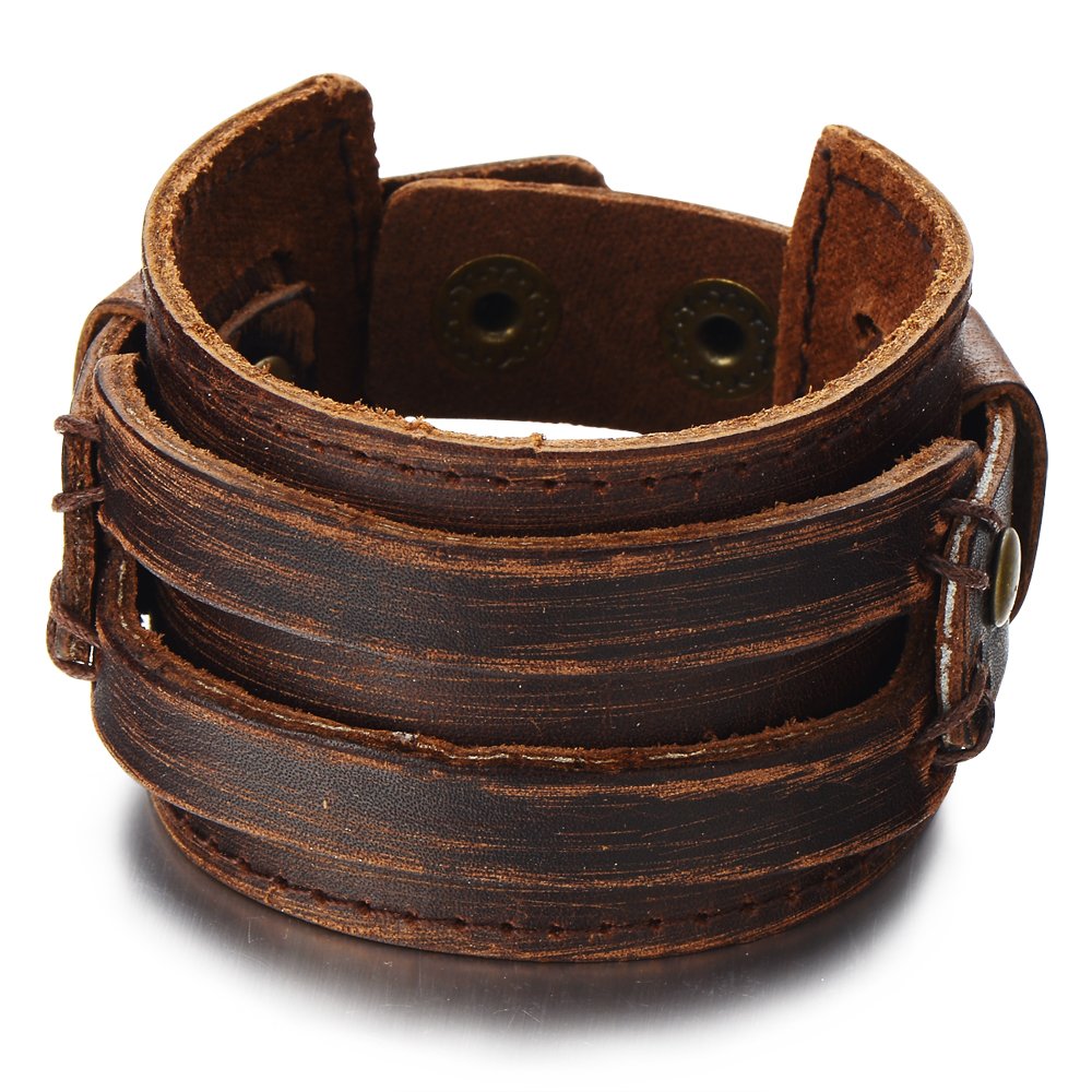 COOLSTEELANDBEYOND Men's Wide Brown Distressed Leather Cuff Bracelet with Snap Button Closure, Multi Wrap Layered Wristband, Vintage Biker Punk Jewelry Gift