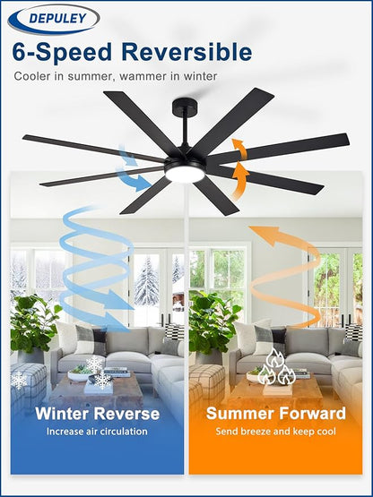 Depuley 72" Ceiling Fans with Lights: Black Indoor/Outdoor Ceiling Fan for Patios Living Room - 8 Blades Dimmable Large Ceiling Fans with Remote APP Control Timer Reversible Quiet DC Motor 6 Speeds