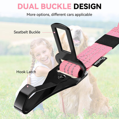Pawaboo Dog Seatbelt for Car, 3-in-1 Dog Seat Belt Bungee, Shockproof Dogs Tether for Car with Buckle & Hook Latch, Adjustable Reflective Dogs Cars Harness Leash with 360° Lockable Buckle, Pink