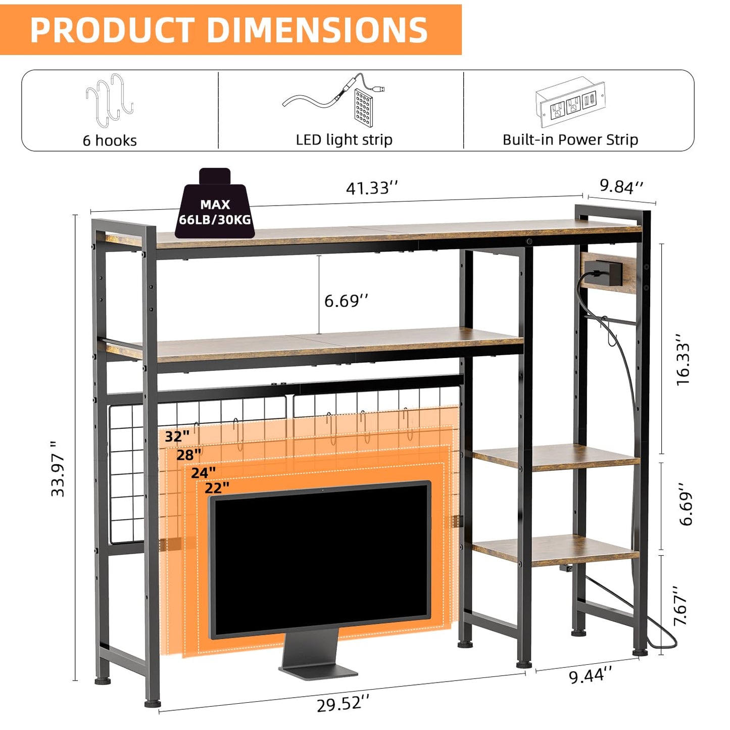 STEHEMO Desk Shelf for Top of Desk, 41.3" Desktop Organizer Shelf with Grid Panel & LED Lights, Desk Hutch for Computer Monitor, Wood Desktop Bookshelf for Home Office Dorm, with Power Outlets