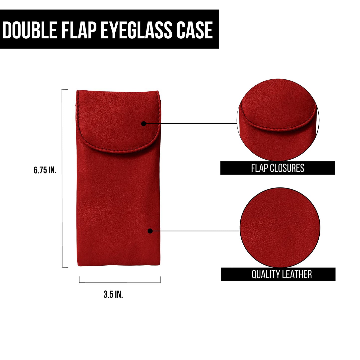 ili New York Double Flap Leather Eyeglass Case, Soft 2-in-1 Dual Glasses Pouch for Sunglasses and Reading Glasses for Men and Women, Red