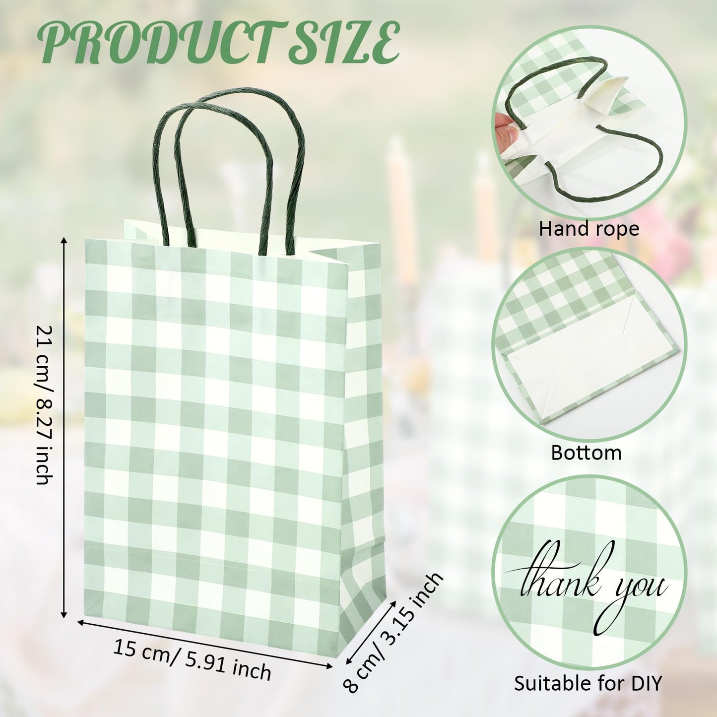Chinco 30 Pcs Sage Green Gingham Paper Gift Bags Bulk with Handles, Candy Goodie Plaid Bags for Party Favors Supplies, Christmas, Birthday, Baby Shower, Wedding, Candy, Cookies, Gifts