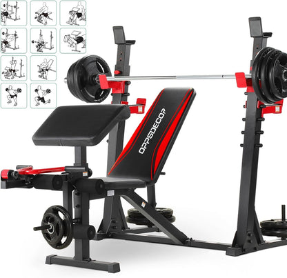 OPPSDECOR 900LBS Pro Weight Bench with Squat Rack | Easy Assembly | Flat Incline Decline Bench Press Set with Leg Developer & Preacher Curl, Heavy Duty Full-Body Home Gym Workout Station