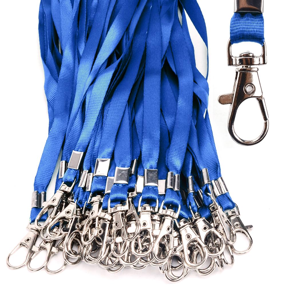 Lanyards 50 Pcs Bulk Lanyard for Id Badges Flat Blue Lanyard with Badge Clip Swivel Hook (50, Blue)