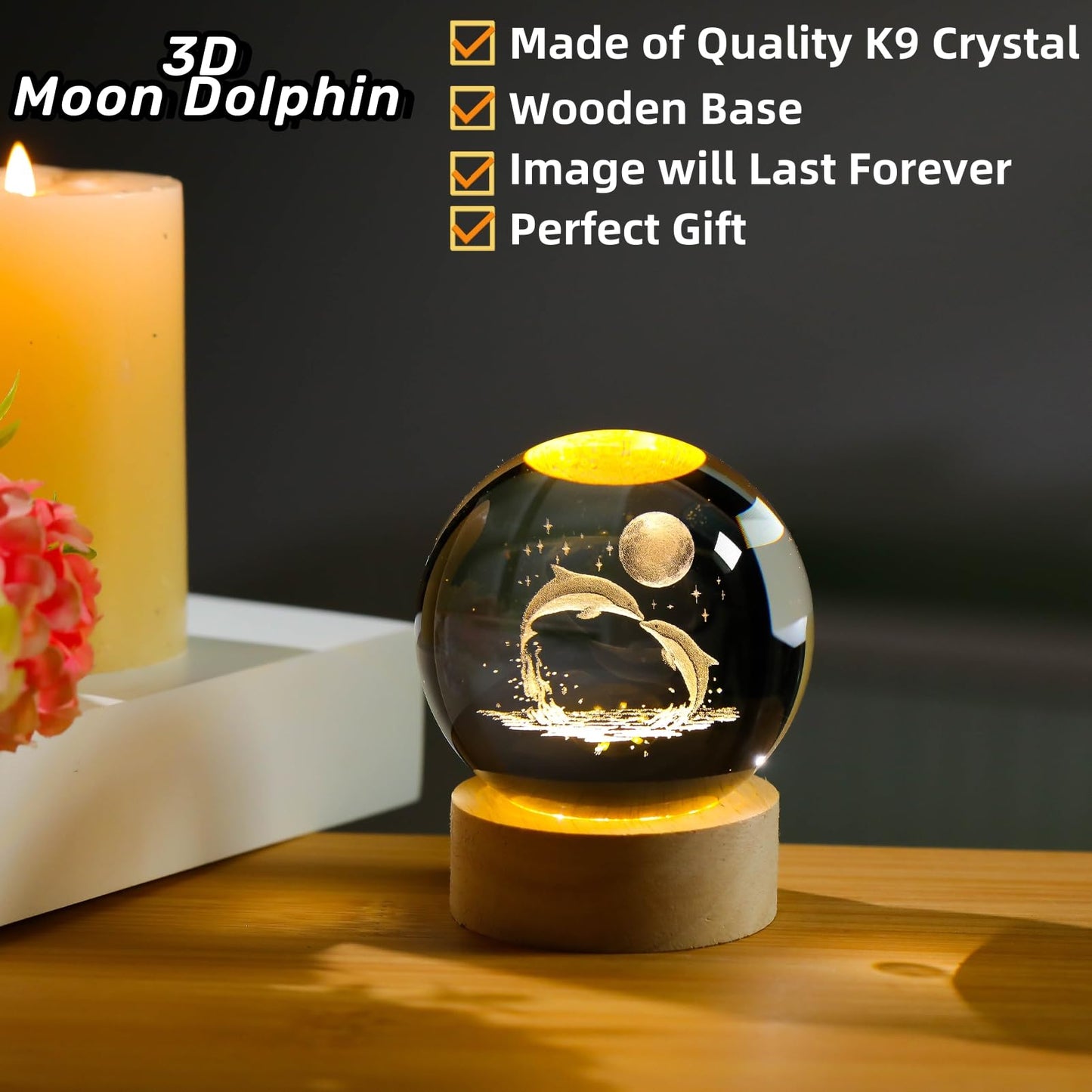 Arikyrist 3D Dolphin Crystal Ball Night Light, Glass Dolphin Lamp with Wooden Base, Laser Engraved Glass Sphere Home Decor