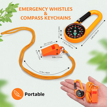 Honoson 24 Pcs Emergency Whistle and Compass Kit, 12 Survival Whistle with Lanyards Loud Blast 12 Magnetic Compass Keychain for Hiking Camping Orienteering Outdoor Navigation Accessories(Orange)