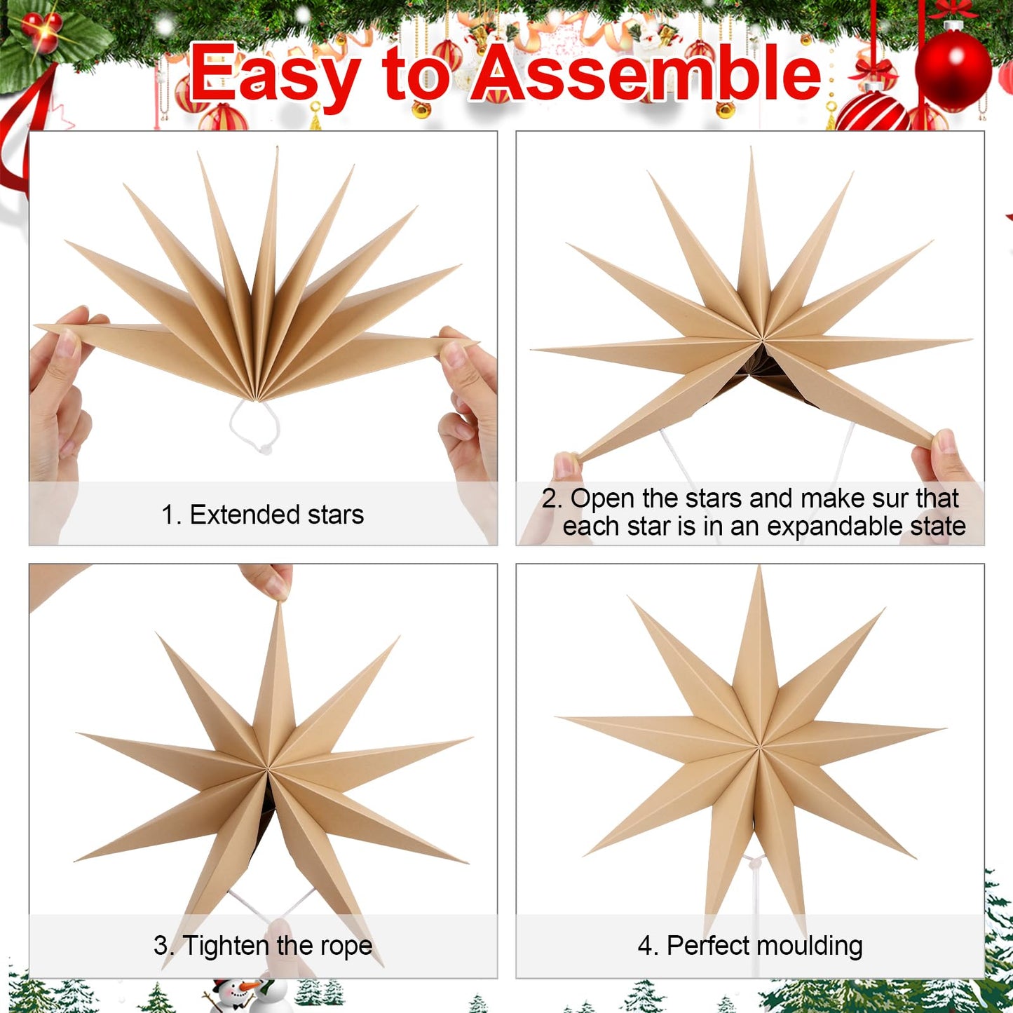 BestoFun 12 Inches 5 PCS Natural Paper Star Lanterns Christmas Hanging Lamp Rustic Paper Decorations Shade Wedding Birthday Christmas Home Party Decorations (9 Pointed)