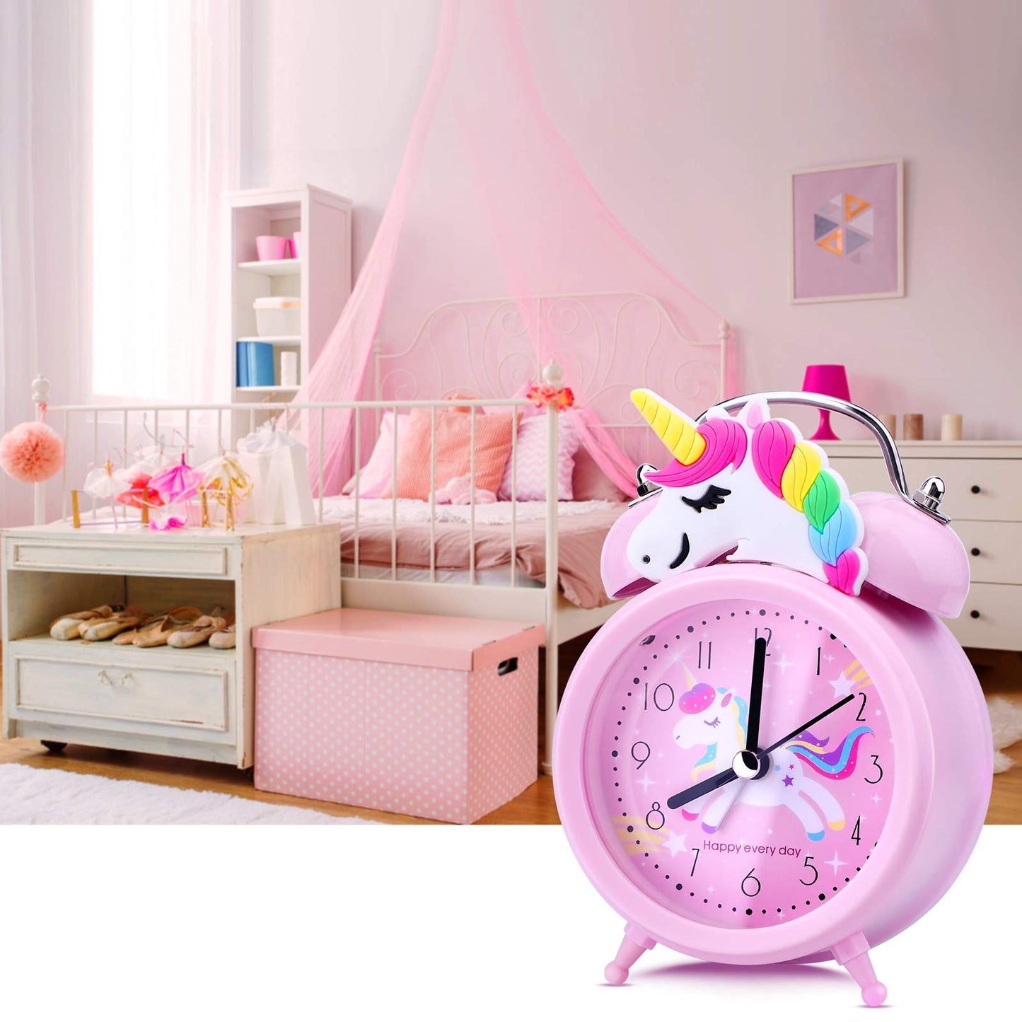 TCJJ Unicorn Alarm Clock for Girls Kids, Cute Bedroom Decoration, Non Ticking Silent Second Hand, w/Backlight Super Loud Twin Bell, for Kids Unicorn Gifts (Pink)