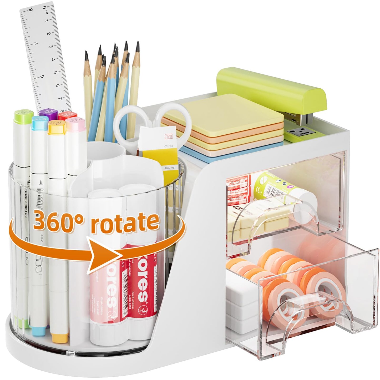 Marbrasse Desk Organizer with 2 Drawer, 360°Rotating Pen Holder, Desk Organizers and Accessories with 6 Slots Pencil Organizer + 2 Drawer, Art Supply Storage Box Caddy for Office (White)