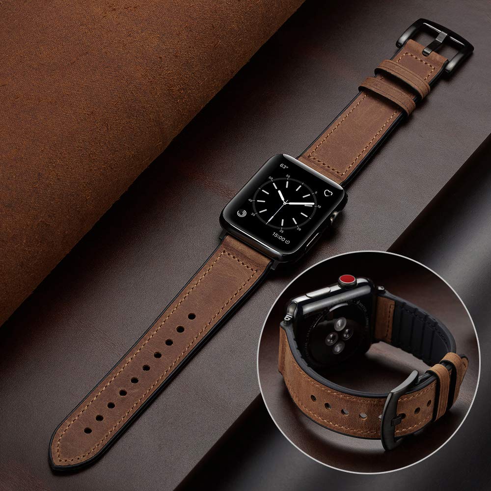 OUHENG Leather Bands Compatible with Apple Watch Band 49mm/46mm/45mm/44mm/42mm, Sweatproof Leather Rubber Hybrid Strap for iWatch Ultra 3/2/1 Series 11 10 9 8 7 6 5 4 3 2 1 SE 3/2/1, Brown/Black