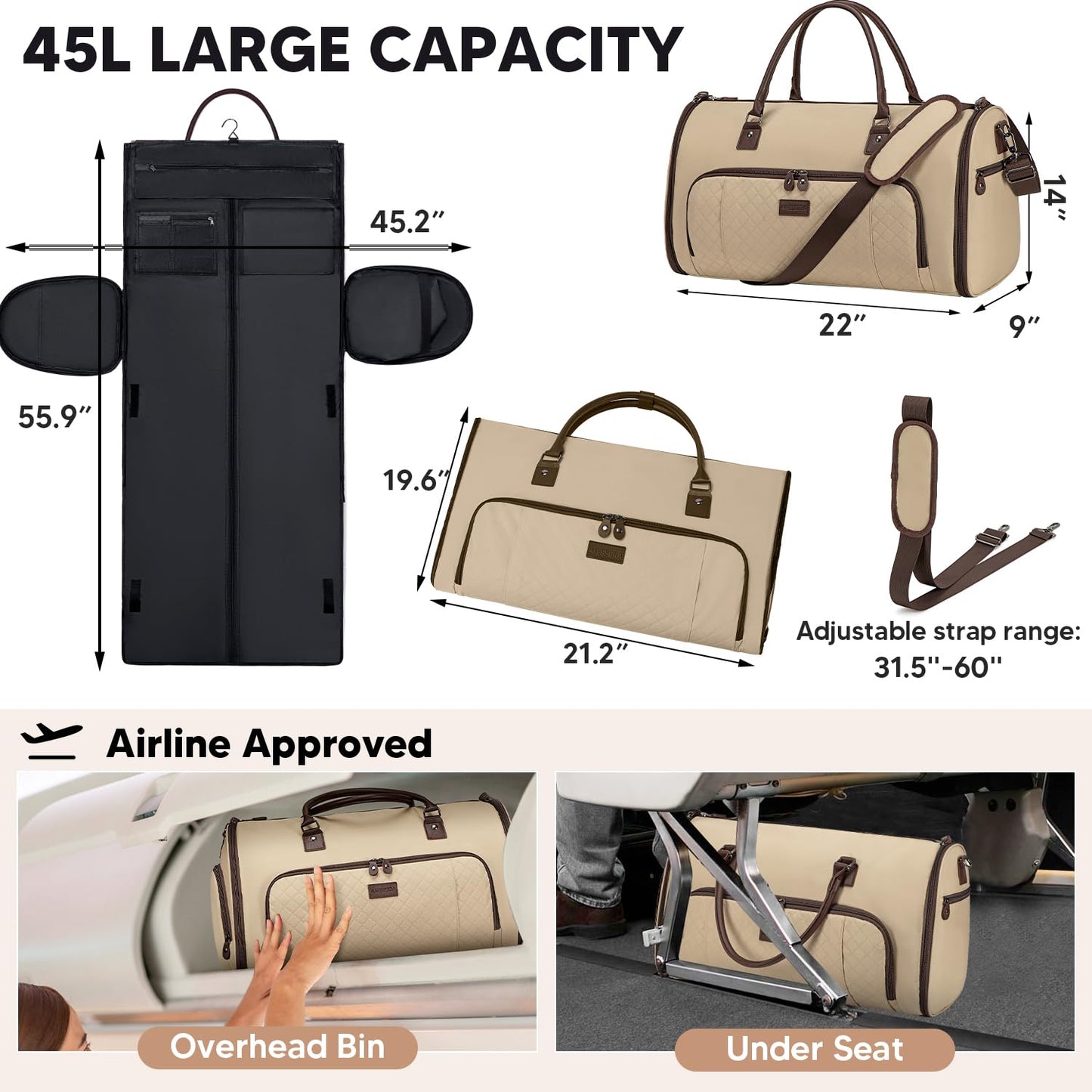 Vessgra 2 in 1 Duffle Bag, Carry On Duffle Bags for Women, 2 in 1 Suit Bag with Shoes Compartment 45L Garment Bag for Airplane Travel,Garment Bags with Shoulder Strap,(Khaki)