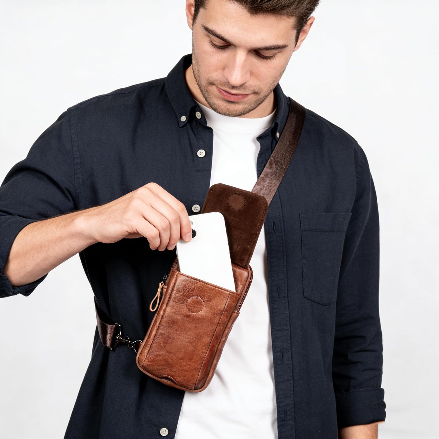 Ariscobull - Small Crossbody Bag for Men Women - Genuine Leather Mini Sling Bag with Charging Port - Travel Hiking Phone Daypack Cross Body Shoulder Bags (Coffe)