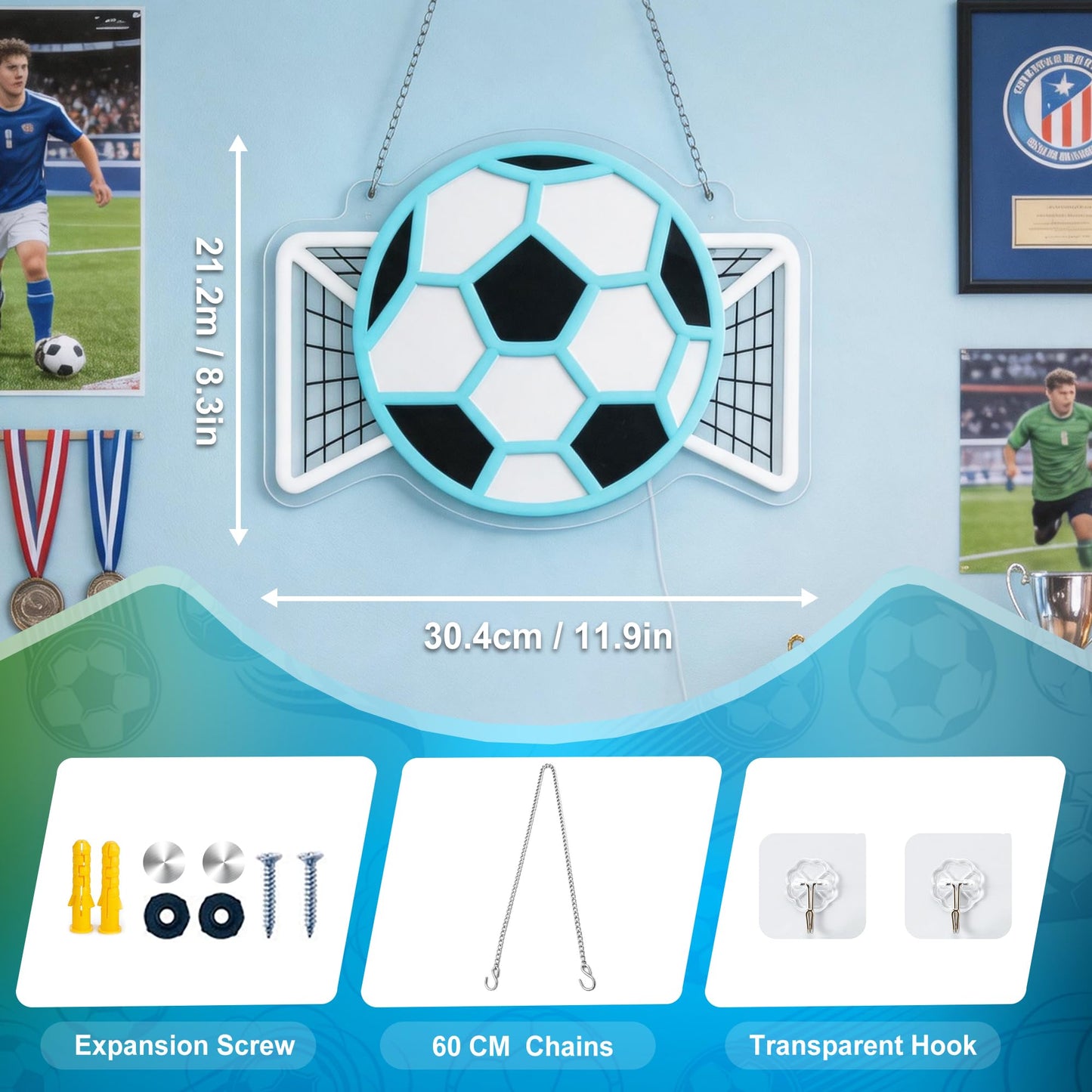 Okayera Soccer Neon Sign, Dimmable Football LED Lamp for Wall Decor, Light up Sports Sign for Bedroom Playroom Man Cave Club Party College Dorm Decor, Cool Teenager Boy Kid Birthday Holiday Xmas Gifts