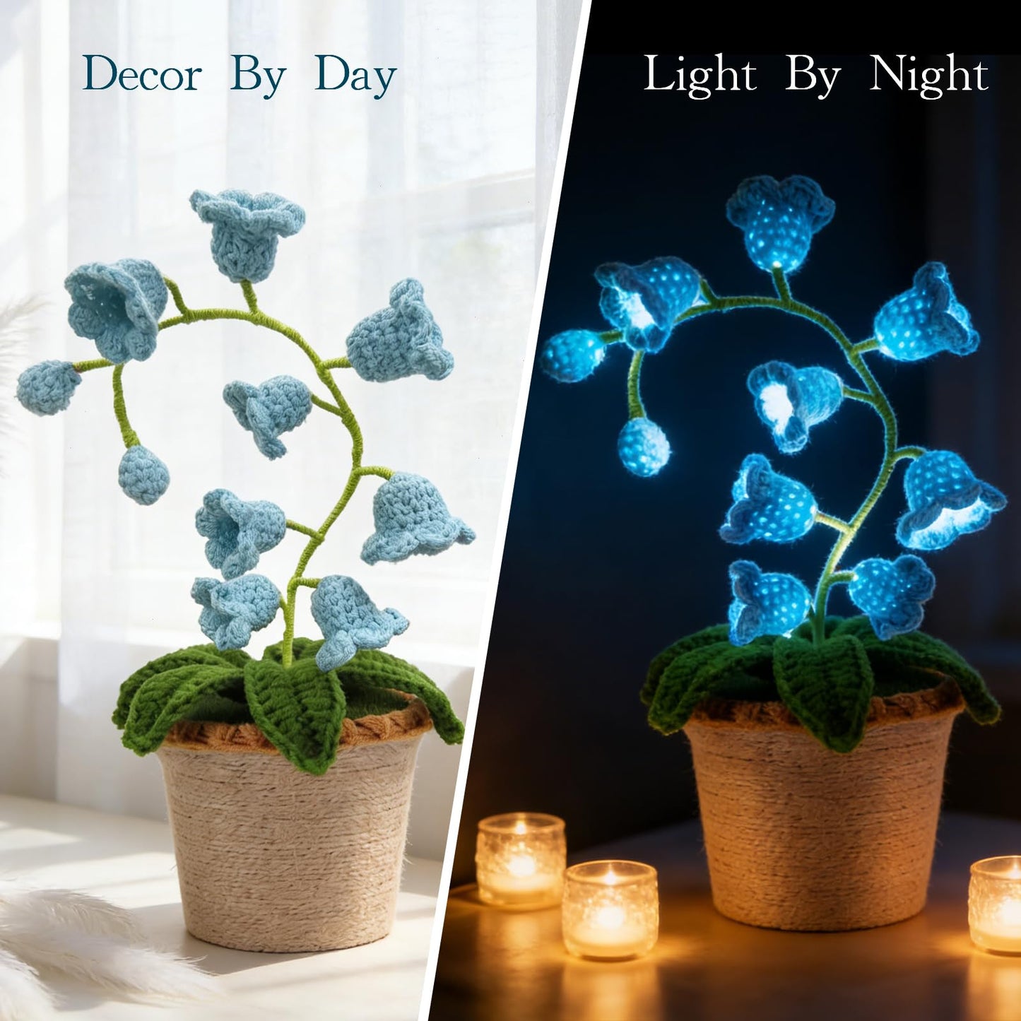 AVEKI Lily of Valley Lamp, Handmade Crochet Artificial Flower Lamp with Warm Light, Cute Desk Lamp for Bedroom, Battery Power Decor LED Night Light, Gift for Mom Daughter Girlfriend (Warm) (Blue)