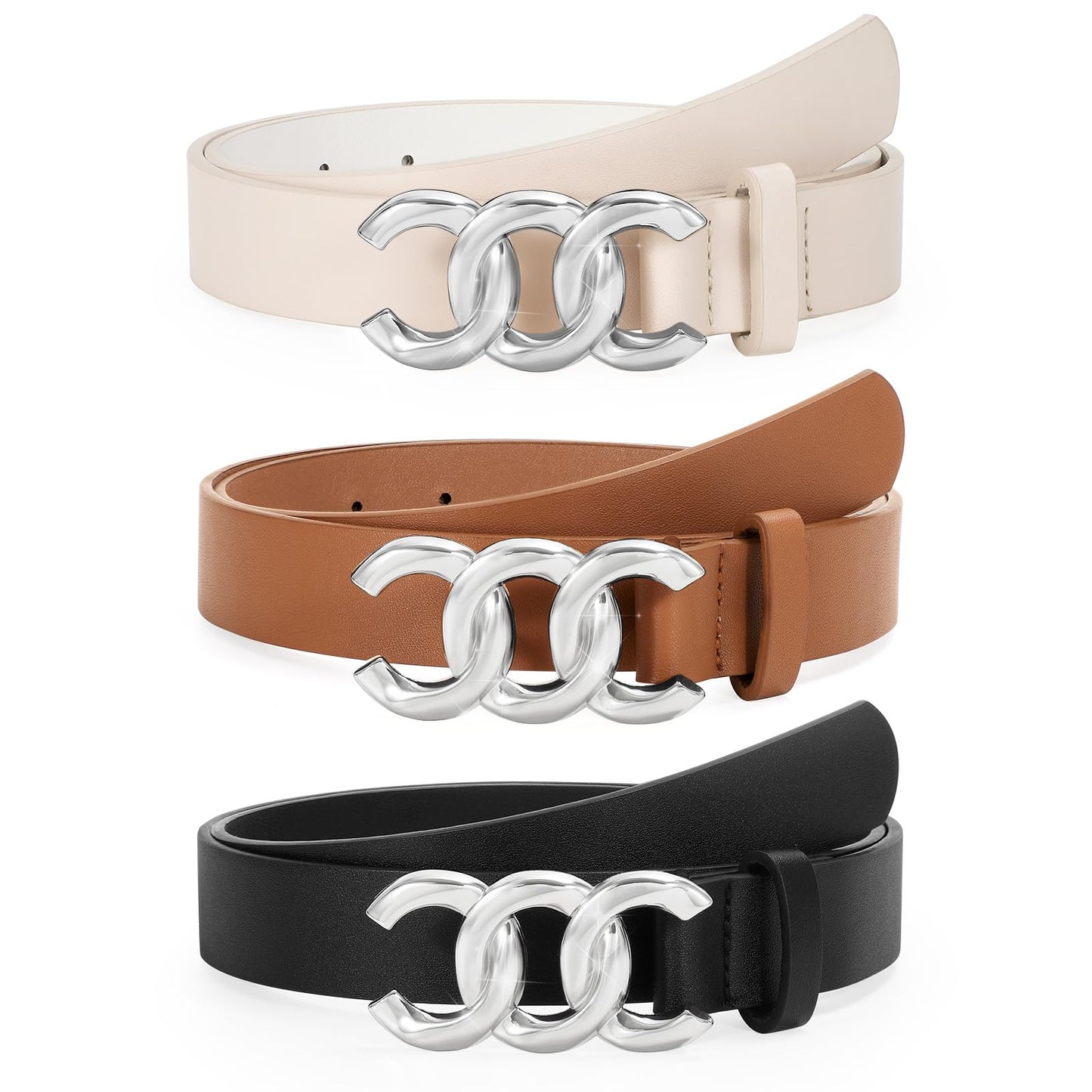 TRIWORKS 3 Pack Women's Belts for Jeans Pants Fashion Waist Belts for Ladies Leather Belt with Silver Buckle