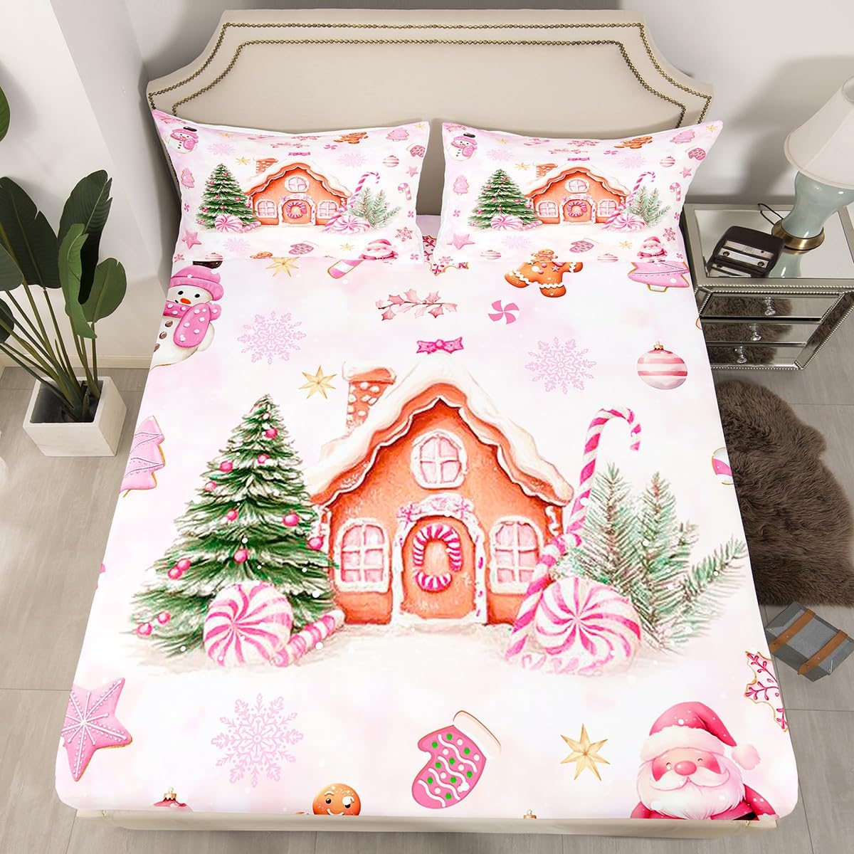 Manfei Pink Christmas Fitted Sheet Twin for Kids Teens Bedroom,Cartoon Gingerbread House Bedding Set(No Top Sheet),Watercolor Santa Snowman Bed Sheet,Dreamy Pink Tie Dyed Bed Cover,2 Pillowcases