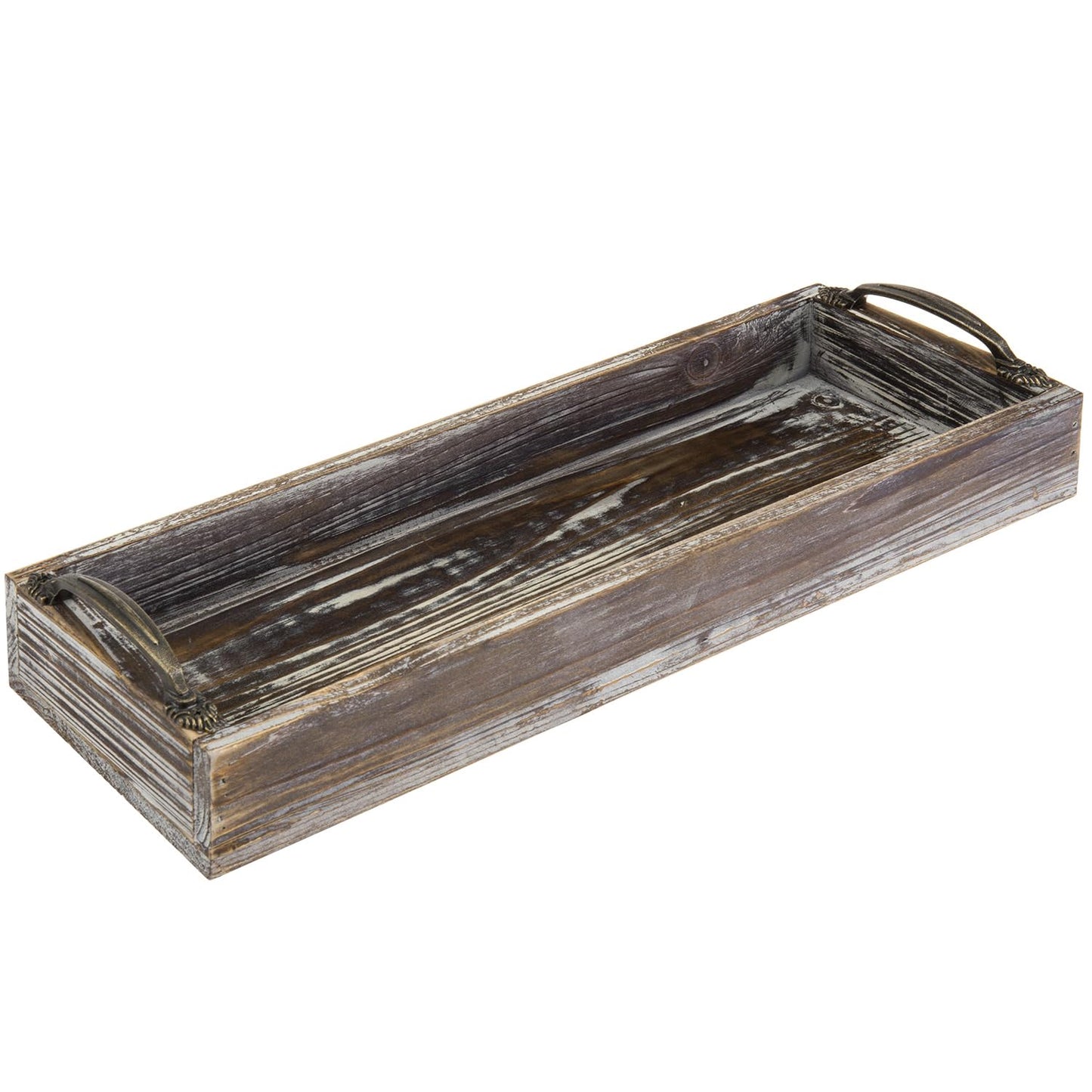 MyGift 16 Inch Rustic Torched Solid Wood Butler Tray with Decorative Antique Metal Handles, Holiday Dining Table Centerpiece, Christmas Dinner Home Decor