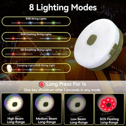LEDLAY 33FT Camping String Lights, Rechargeable String Lights with 8 Modes, Waterproof Outdoor Lights with Delay Closure, Retractable Design & Hooks for Outdoor Patio Awning Garden Party Essentials