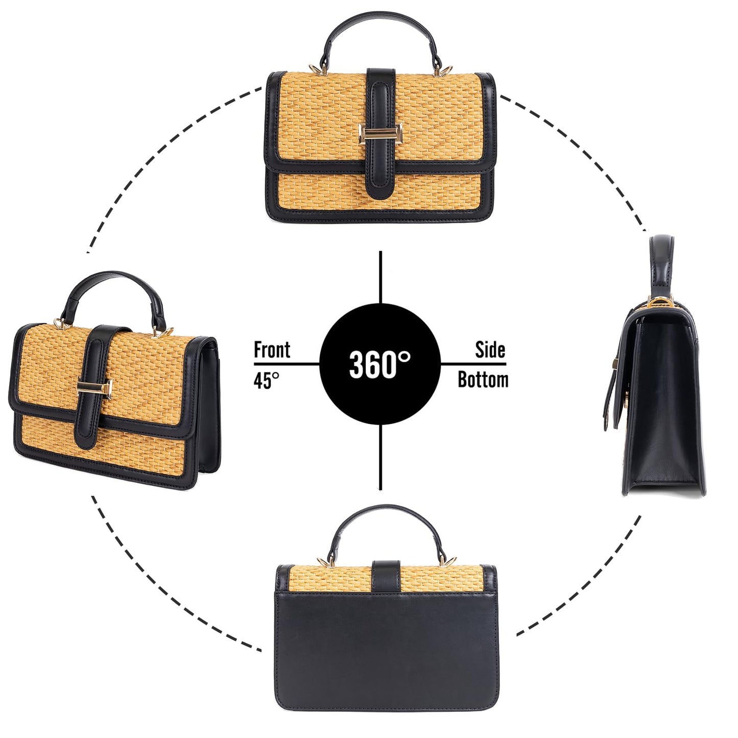 boshiho Women's Straw Crossbody Shoulder Bag Woven Raffia-Style Beach Purse Top Handle Satchel Handbag for Summer Vacation (Black)