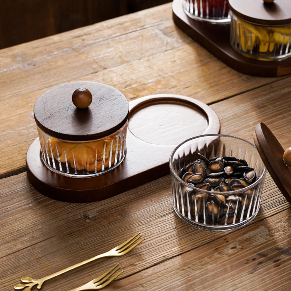 ANQIA Round Glass Snackle Box Container Snack Organizer and Fruit Platter with Acacia Wood Lids and Tray Divided Serving Tray for Nuts Candy Dry Fruits (3 Jars)