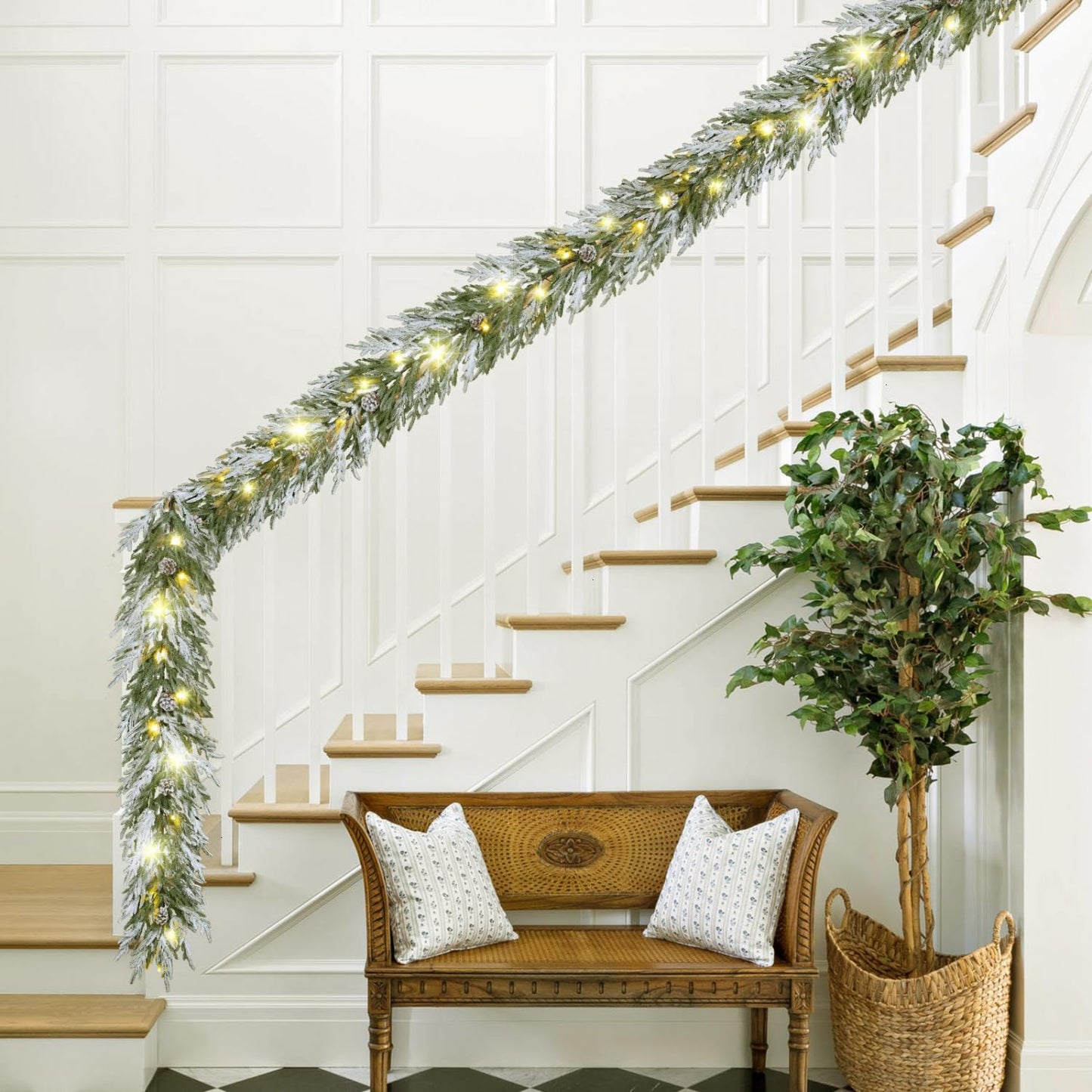 YoleShy 6FT Real Touch Norfolk Pine Garland Christmas Garland with Pinecone and White Snow Battery Operated Prelit Garland Christmas Decorations for Mantle Fireplace Xmas Home Decor