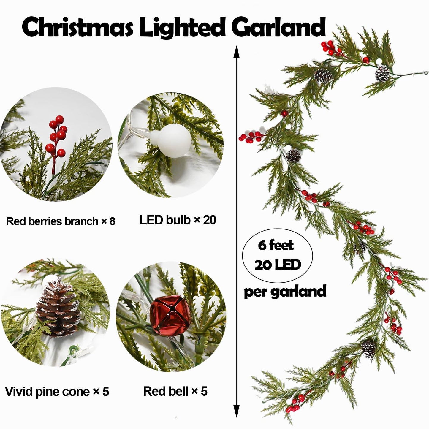 Christmas Garland 6FT 20 LED Bulbs Cypress Pine Garland with Lights Battery Operated with Timer Bells Red Berries Pinecones Green Garlands Decoration for Xmas Holiday Thanksgiving New Year Home Decor