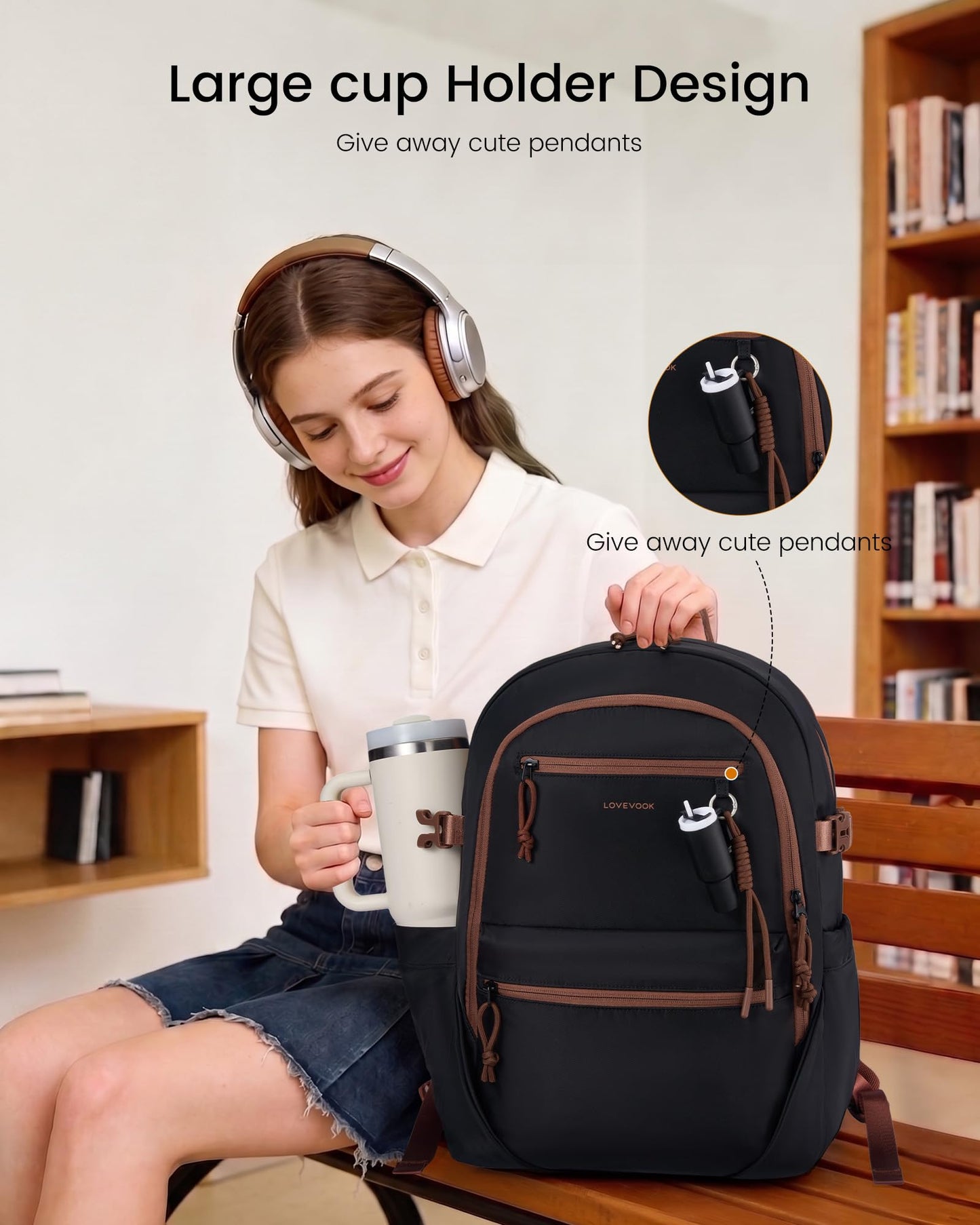 LOVEVOOK Laptop Backpack with Cute Pendant,15.6 Inch Travel Work Backpack Computer Laptop Bag with Large Cup Holder,Waterproof Nurse Teacher College Carry on Backpack Purse,Gifts for Women & Men,Black