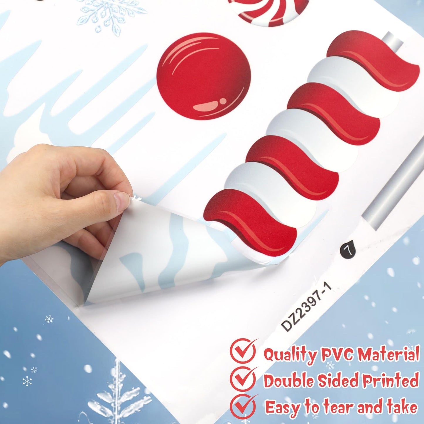 Solsew 3 Sheet 35.4 x 11.4 Inch Extra Large Christmas Candy Cane Window Clings with Snowflake and Ice Stereo Candy Snowflakes Christmas Window Stickers for Xmas Home Office Decor Winter Decoration