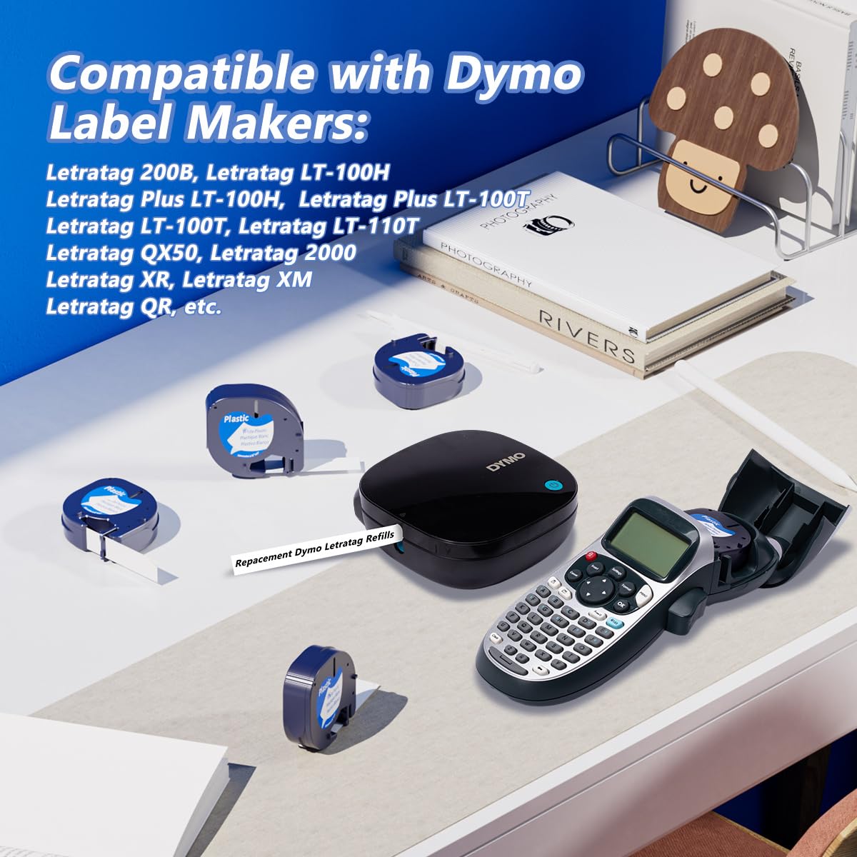 5-Pack White Label Tape Refills 91331 for DYMO LetraTag | 12mm x 4m (1/2" x 13ft) | Black on White | Compatible with LT-100H Plus, LT-100T, LT-200B, QX50