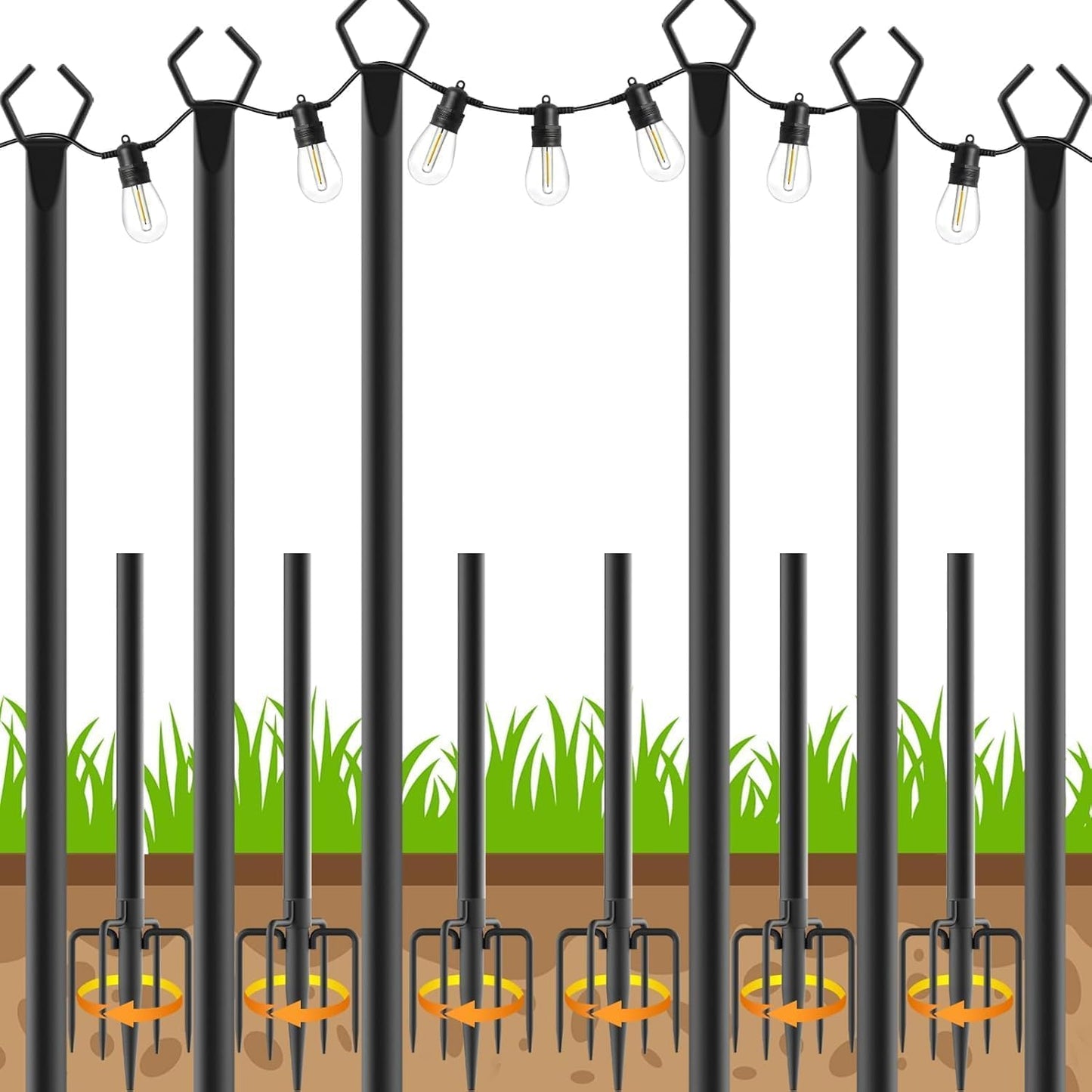 AHRLHR 6 Pack String Light Poles, Outdoor String Light Pole 10 ft Forked Metal Light Pole with Adjustable Outdoor Light Stand, Deck, Backyard, Garden, Wedding, Rustproof and Sturdy with Hooks.