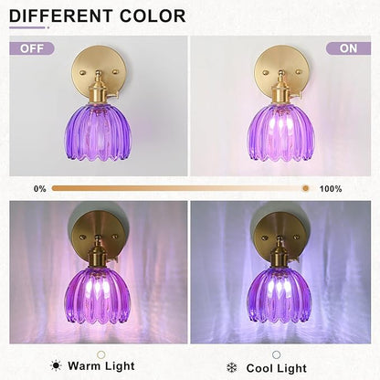 Wall Sconces Set of Two Hardwired, Vintage Sconce Light with Tulip Purple Glass Lampshade, Bathroom Wall Lights with Switch, Gold Wall Light Sconces Wall Decor Set of 2
