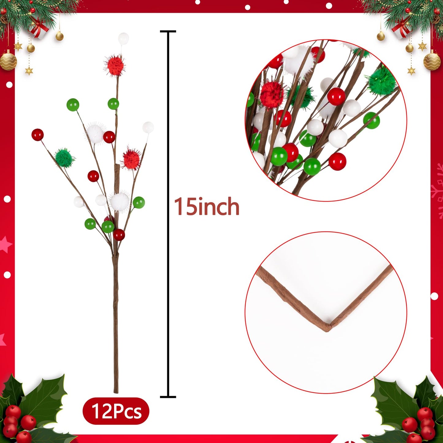 12PCS Christmas Tree Decorations Red Green Picks Berry Stems Xmas Ornaments Floral Pick with Beads Balls for Tree Topper Vase Home Table Decor