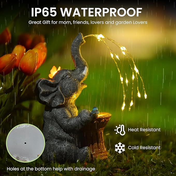 Solar Garden Decor Watering Elephant, Outdoor Statue Solar Light Decoration, Housewarming Gift, Birthday Gift for Women, Mom, Grandma