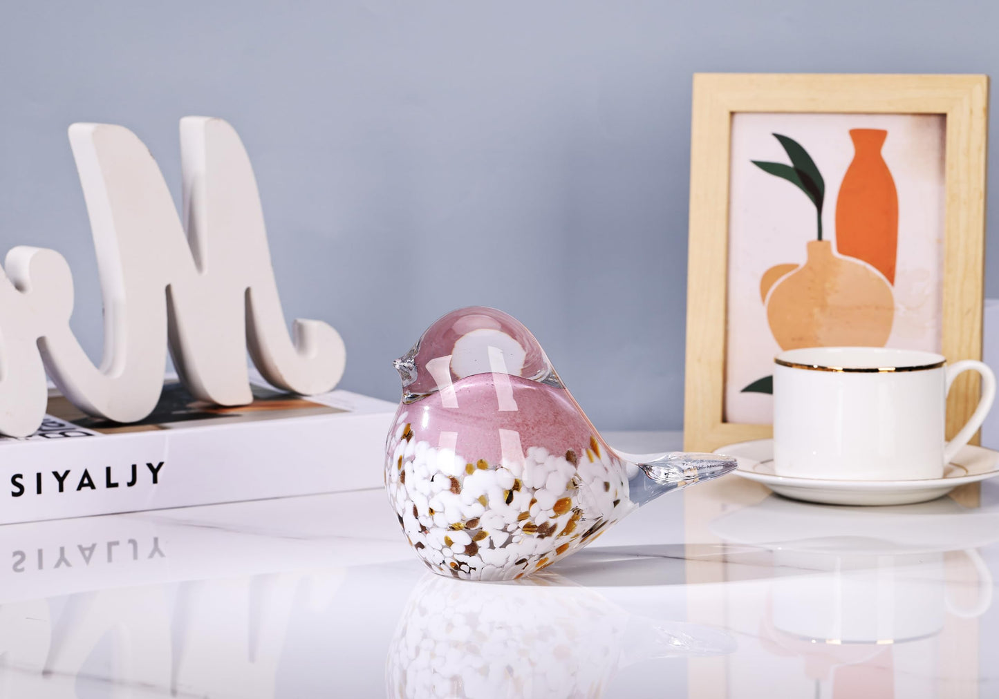 WUBIANJIE Hand Blown Glass Bird Statue Collectible Animal Art Paperweight, Living Room Bedroom Bookshelf Coffee Table Small Ornaments Shelf Home Decoration (Pink)