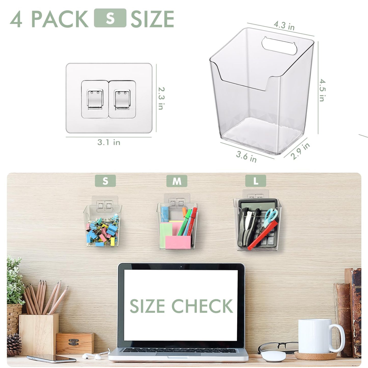 Clear Adhesive Wall Storage Bins, 4 Pack Cabinet Door Organizer Holders, Hanging Wall Mount Pockets, Plastic Cups for Shower Bathroom Makeup Office Craft Remote Kitchen Sink RV Organization (Small)