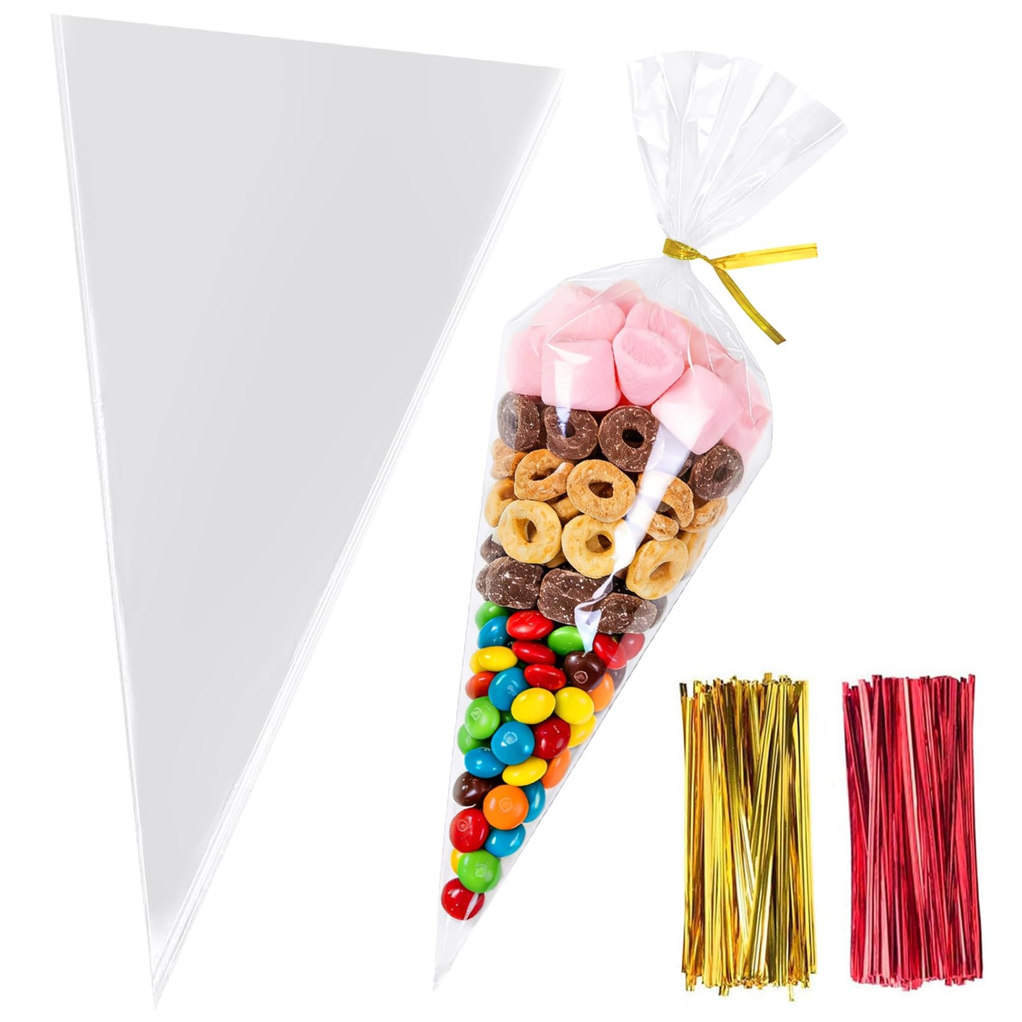 Morepack Cone Cellophane Bags,200 Pieces 6.3"x11.8" Cello Clear Cone Shaped Treat Bags with Twist Ties, Plastic Triangle Bag for Popcorn Favor Candy