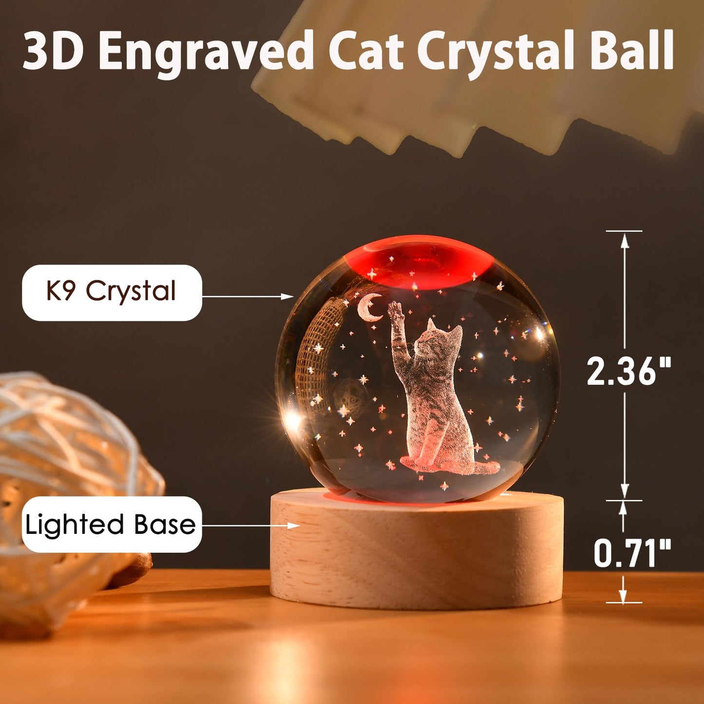 IFOLAINA 3D Cat Themed Gifts for Women Friends Cat Lovers Presents 2.36" Engraved Crystal Ball with Wooden Light Base Crystal Pet Sphere Decor