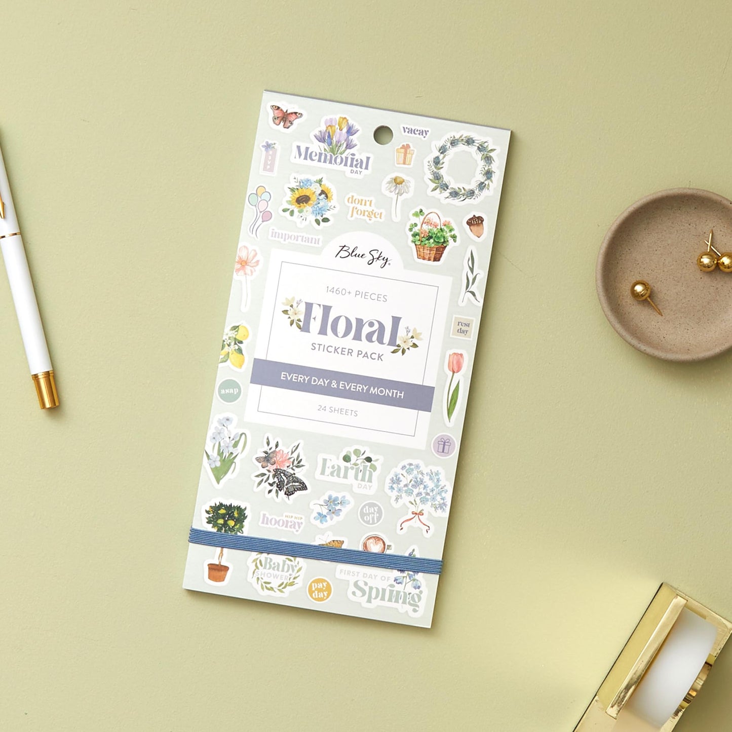 Blue Sky Sticker Book, Everyday and Monthly Planner Stickers, Undated, Glued with Bungee, 1460+ Stickers for Journals and Calendars (Floral, 4.5" x 9")