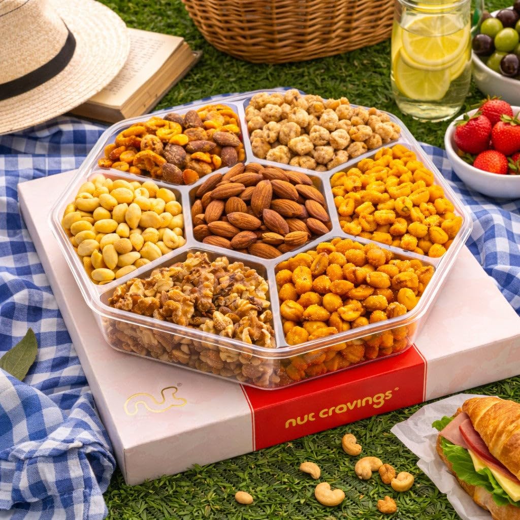 NUT CRAVINGS - Mixed Nuts Gift Basket in Red Gold Classic Box (7 Assortments, 1 LB) Treats for Adults, Food Arrangement, Healthy Snack Care Package, Kosher