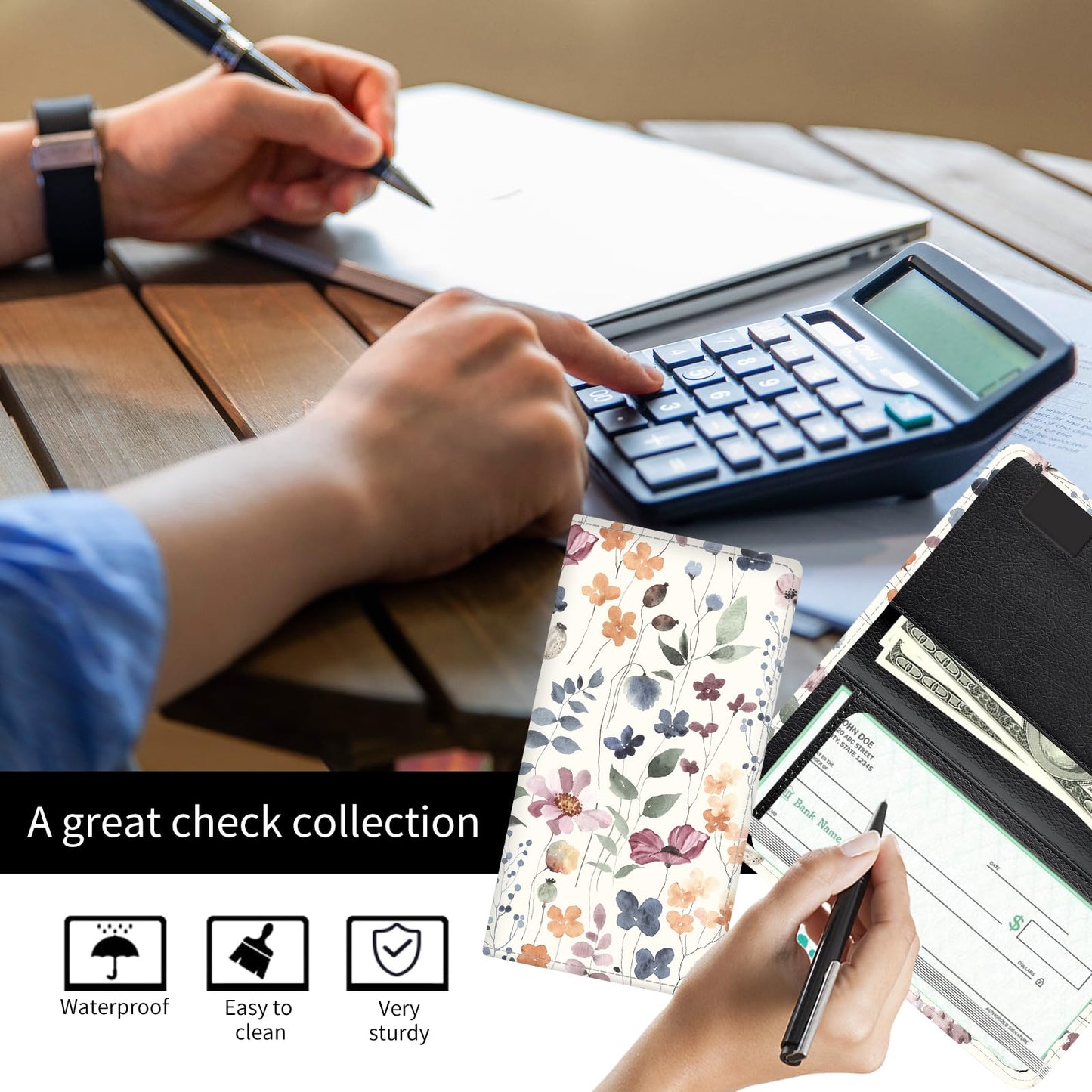 APVDSH Checkbook Cover for Personal Checkbook, Cute PU Leather Check Book for Women & Men, Slim Checkbook Holder with Pen Holder and Built-in Clear Plastic Divider Soft Neutral Floral