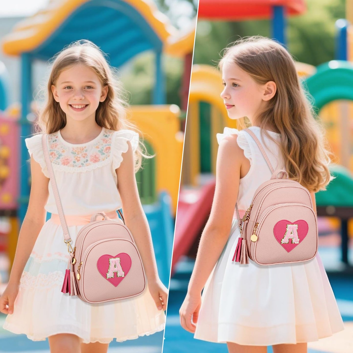CLOUDWINGS Birthday Gifts for Kids Gifts for Girls Little Girl Initial Mini Heart Backpack Purse Crossbody Bag with Tassel，Pink-A