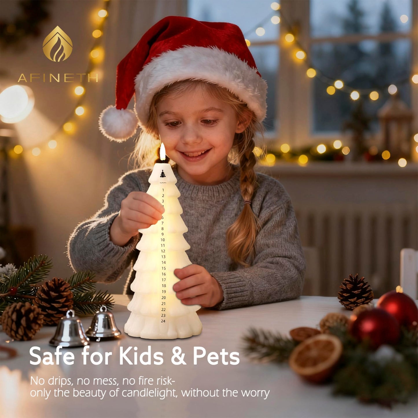 AFINETH Christmas Tree Candles with Remote, Real Wax Christmas Countdown Candle, Countdown to Christmas Battery Operated Candles, Xmas Flameless Advent Candle for Table Decor
