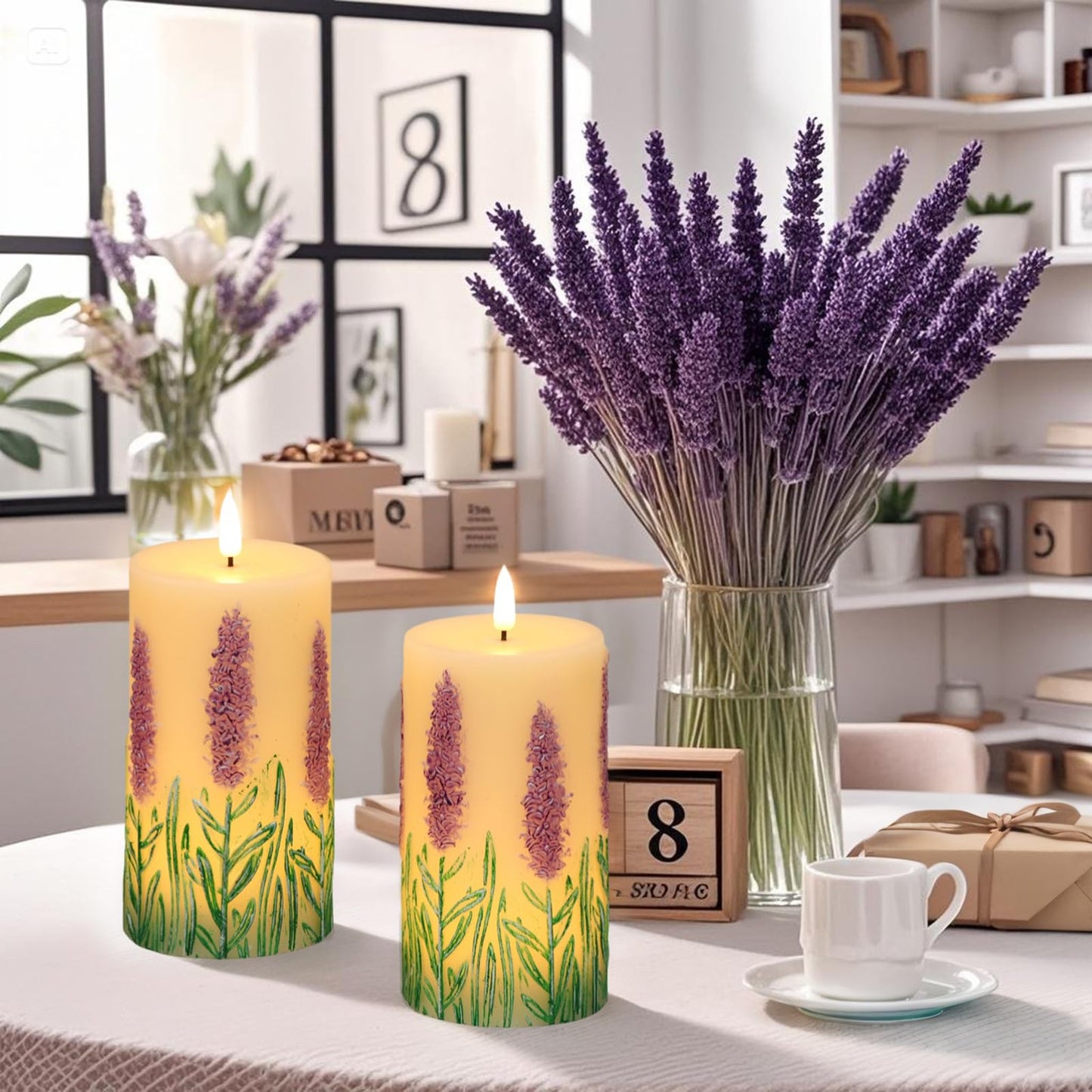 Eldnacele Lavender Flameless Candles with 6 Hour Timer, Battery Operated Hand Painted 3D Wick Flickering Real Wax LED Pillar Candles for Spring Dinner Christmas Holiday Decor((2Pcs, D3×H6.5)