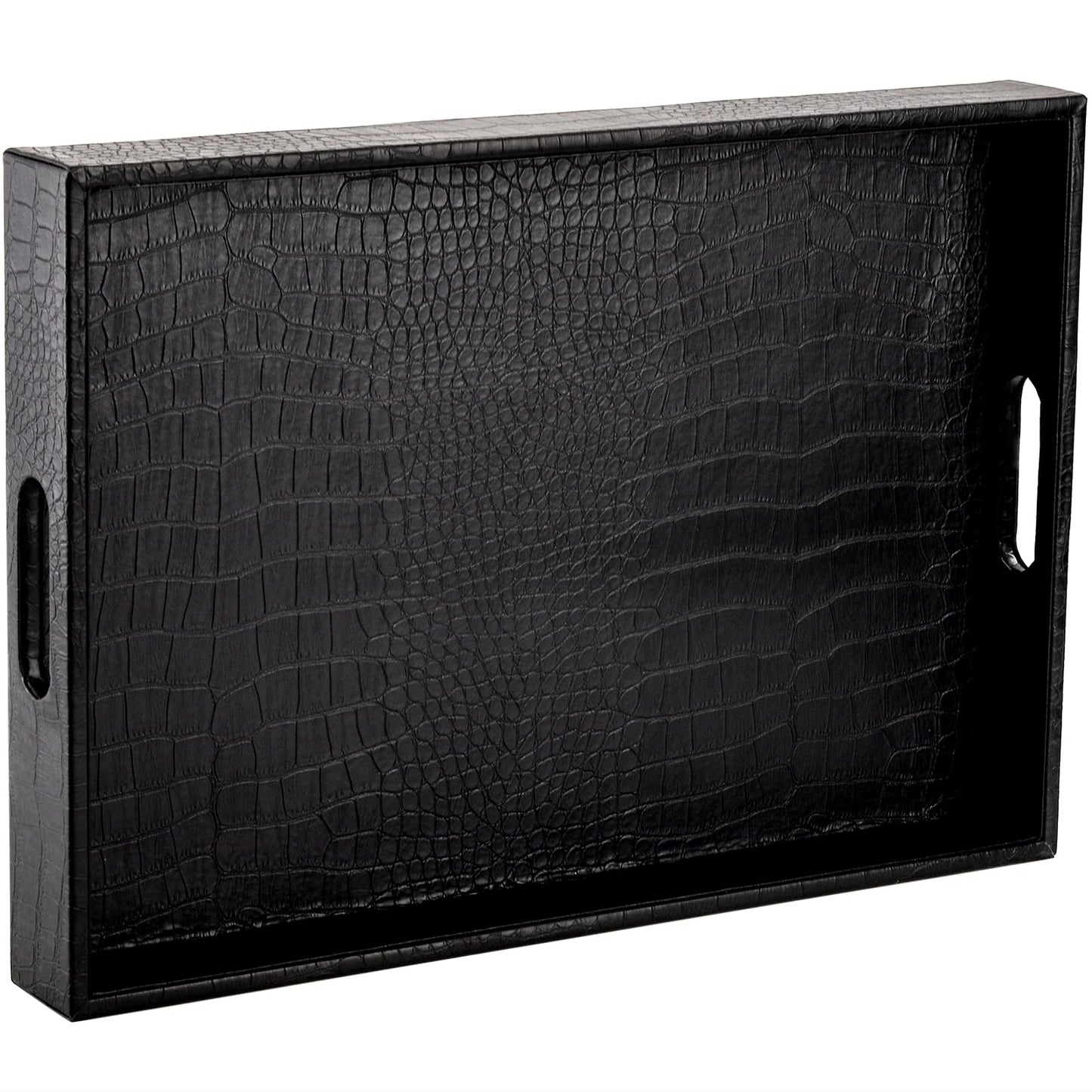 Lyellfe Black Serving Tray with Handles, Decorative Ottoman Tray in Alligator Faux Leather, 17x12 Inch Rectangular for Coffee Table, Living Room, Bed or Dressing Table