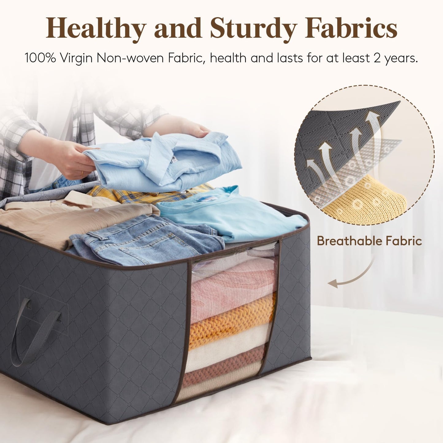 Lifewit 6 Pack Clothes Storage Bins with Lids, Foldable Blanket Storage Bags with Zippers, Clear Window and Reinforced Handles, Closet and Organization for Clothing, Sweater, Comforter, Bedding, Gray