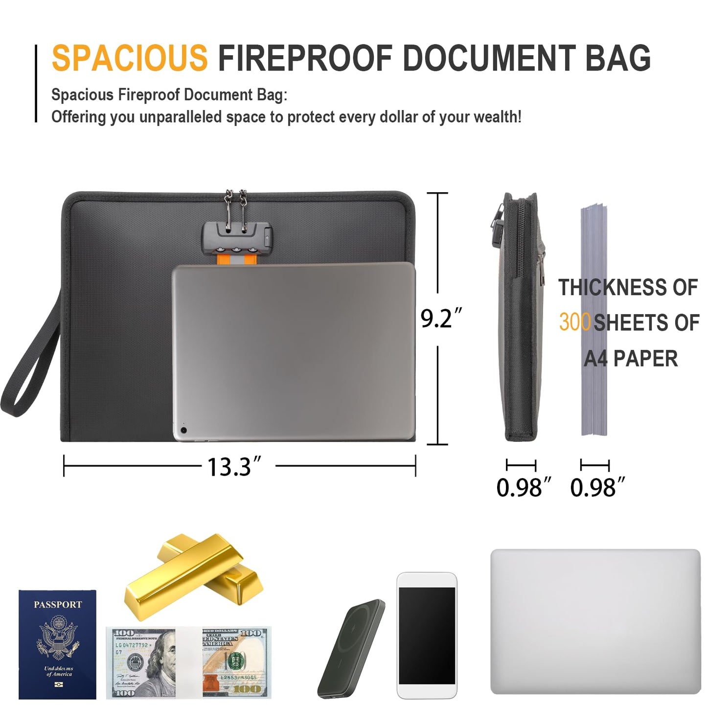 XIAODUN Fireproof Document Bag with Lock，13"×9.2" Fireproof Money Bag，with Zipper and Lock，Suitable for Tablets, A4 Documents, Cash, Mobile Phones, Credit Cards and Notarized Documents.
