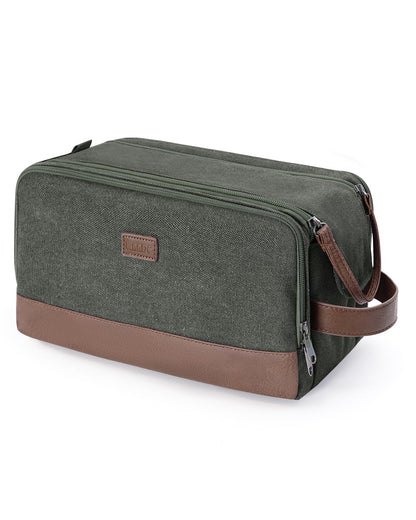 WANDF Toiletry Bag for Men Travel Toiletry Organizer Canvas and Leather Dopp Kit Water-Resistant Shaving Bag for Travel Accessories (Green, Patent Pending)