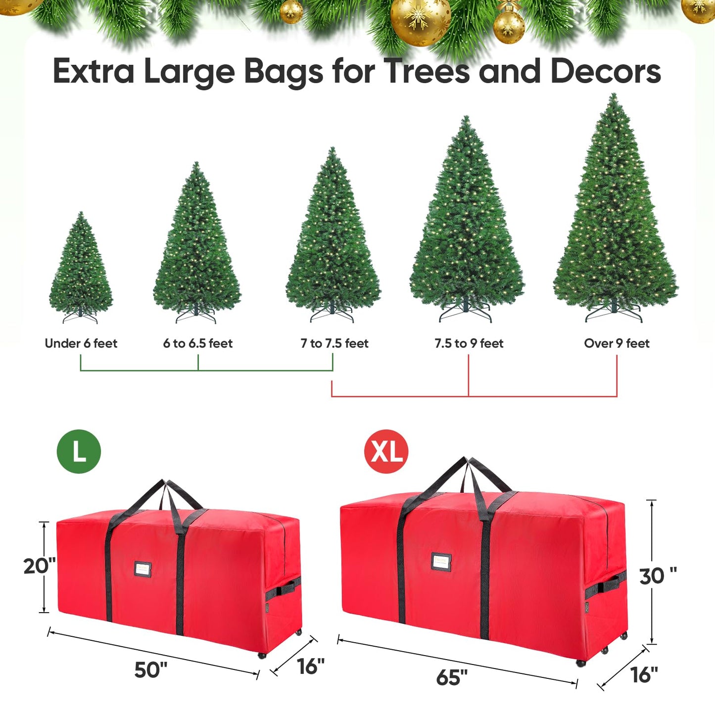 BALEINE 7.5 ft Rolling Christmas Tree Storage Bag, 2 Swivel Wheels for Easy Moving, Heavy Duty 600D Oxford Fabric Extra Large Artificial Christmas Tree Bag with Reinforced Carry Handles (Green)
